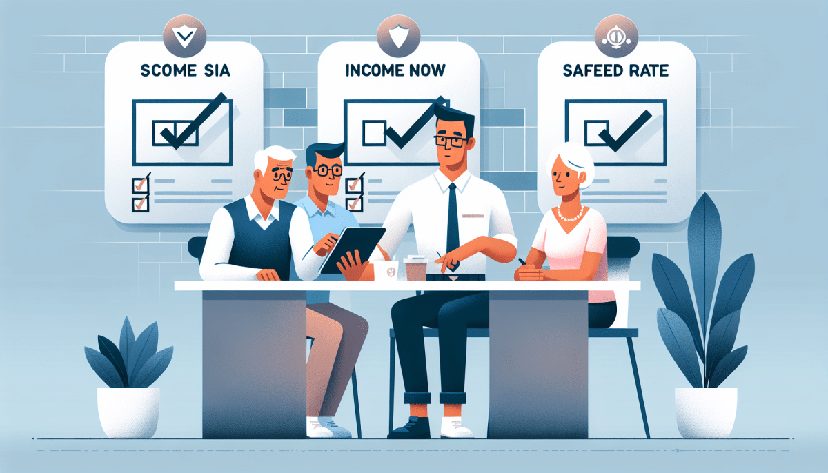 Illustration of men and women sitting at desk with 3 clipboards behind them saying, income now, fia, guarantees.