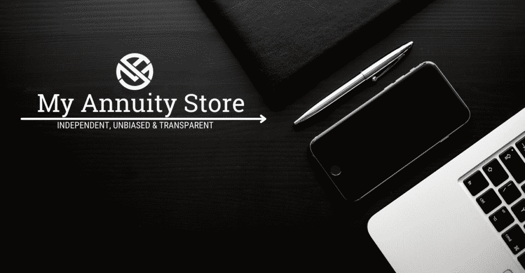 Annuity Calculators Featured Image - Silver laptop sitting on black background with My Annuity Store Logo in white in top left corner