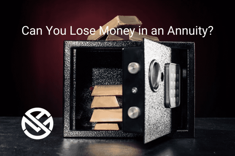 Open Safe with Gold Bars Stacked Inside and "Can you lose money in an annuity" in white text with white My Annuity Store Logo