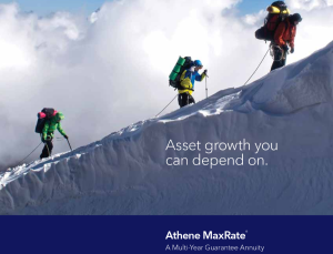 Athene maxrate annuity brochure cover with 3 skiers walking up snow covered mountain.