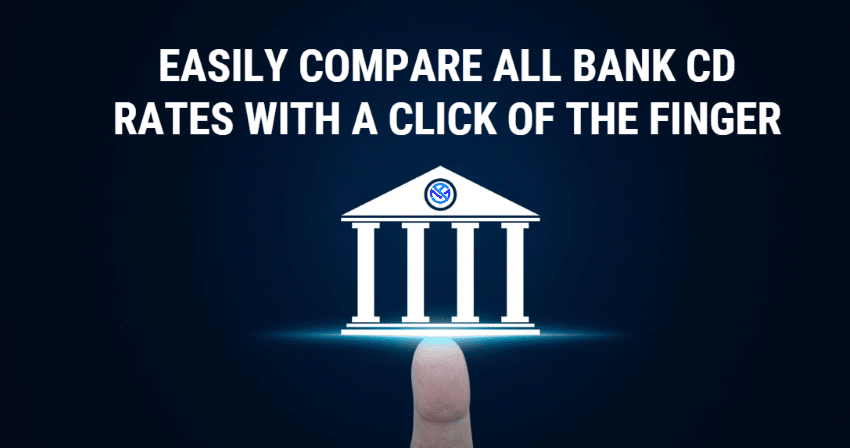 Large index finger pointed up towards bank icon with My Annuity Store Favicon. White text reads. "Compare the best CD Rates with the click of a finger."