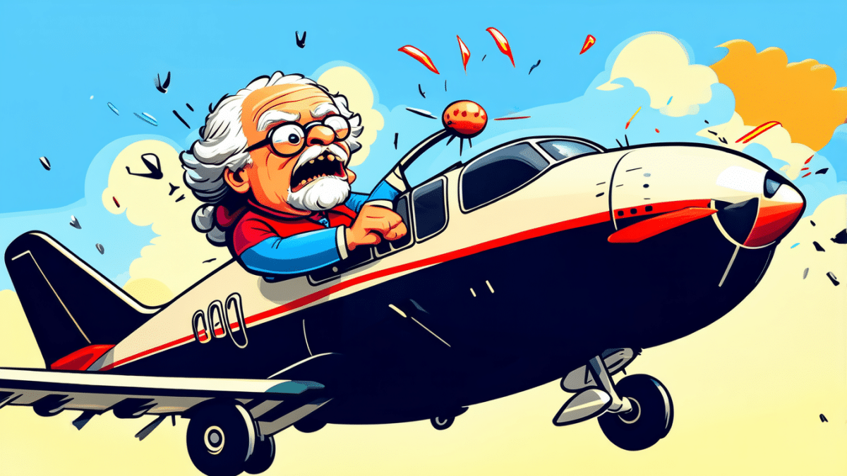 Cartoon drawing of an old man riding an airplane towards the ground as it crashes.