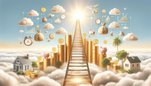Annuity ladder with a ladder pointing towards sky with retirement themed icons