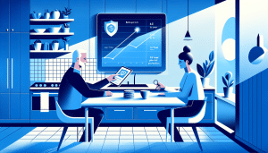5-Year MYGA Rates - A confident pre-retiree couple at a kitchen table reviewing a simple blue chart showing a smooth, upward growth line labeled “5-Year MYGA.”