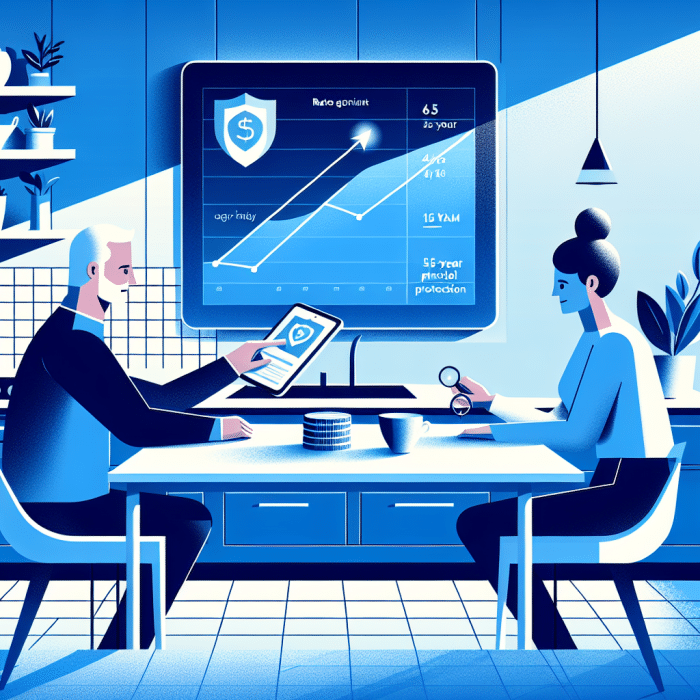 5-Year MYGA Rates - A confident pre-retiree couple at a kitchen table reviewing a simple blue chart showing a smooth, upward growth line labeled “5-Year MYGA.”