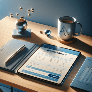 Annuities page featured image, tablet sitting on desk with a chart on screen and legible annuity options text at top.
