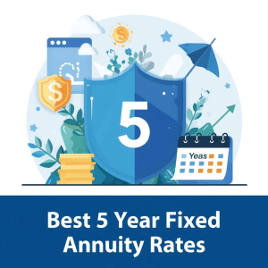 Realistic illustration with a shield in center and the number 5 on it with coin, shield and money icons in the background in my annuity store blue color theme. Best 5 year fixed annuity rates in white text at the bottom.