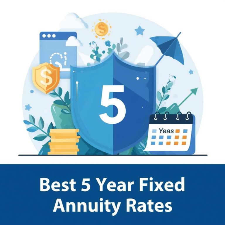 Realistic illustration with a shield in center and the number 5 on it with coin, shield and money icons in the background in my annuity store blue color theme. Best 5 year fixed annuity rates in white text at the bottom.