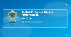 Blue background with white text "best mult-carrier annuity platform 2025" and award image on left.