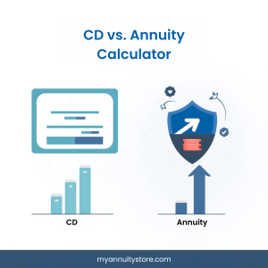 CD vs Annuity Calculator image of CD certificate and bar chart on one side and shield with arrow point upward for annuity on right hand side.