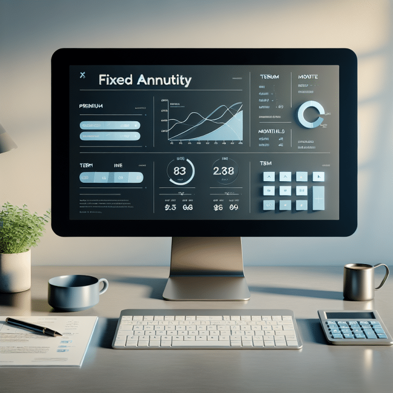 Fixed annuity calculator image of a computer screen with differennt graphs and charts with text "annuity calculator."