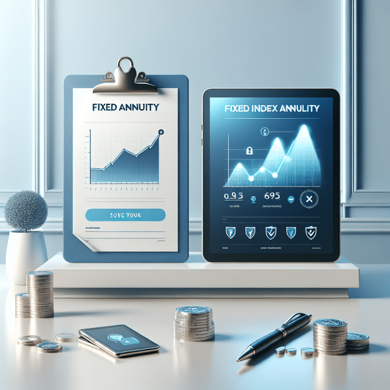 Fixed annuity vs fixed index annuity - image of a clipboard that says "fixed annuity" next to a tablet that says "fixed index annuity" with line graph.