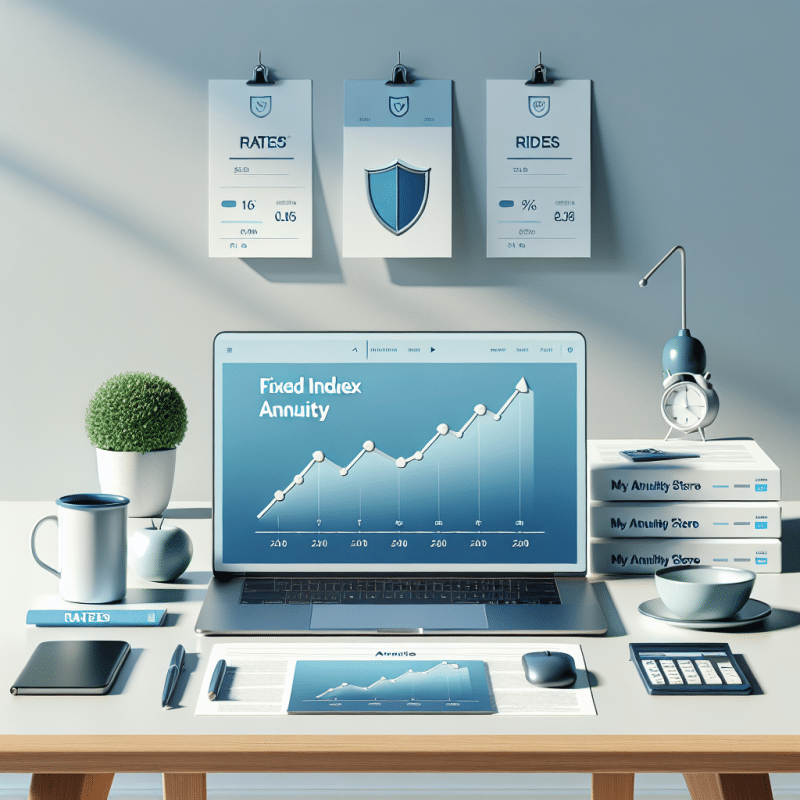 Fixed index annuity guide featured image of computer screen that says fixed index annuity with line chart visible.