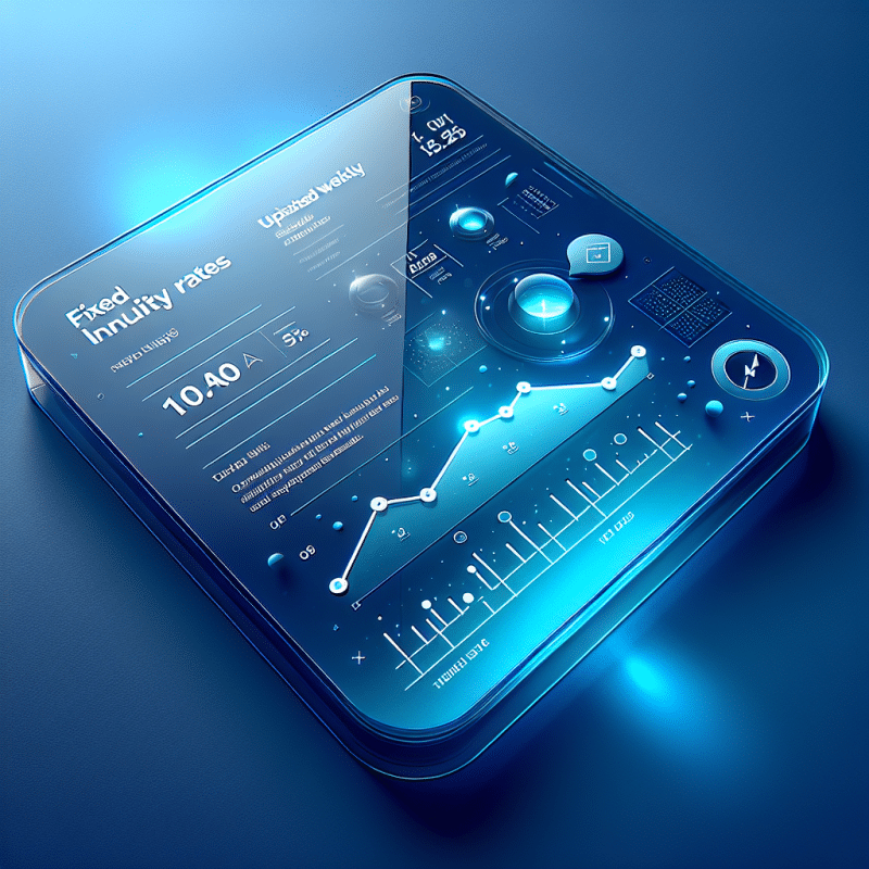 Fixed index annuity rates blue background with index charts in the background.