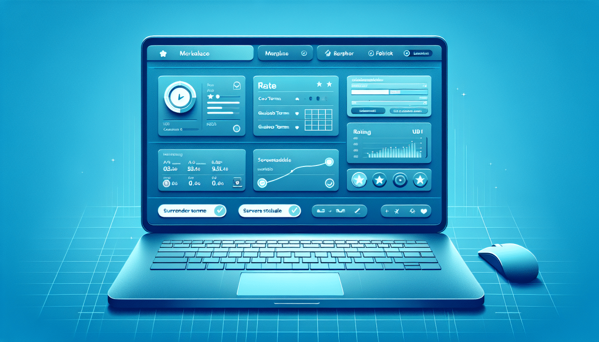 Market place ui - clean laptop screen with six myga comparison grids illustration.