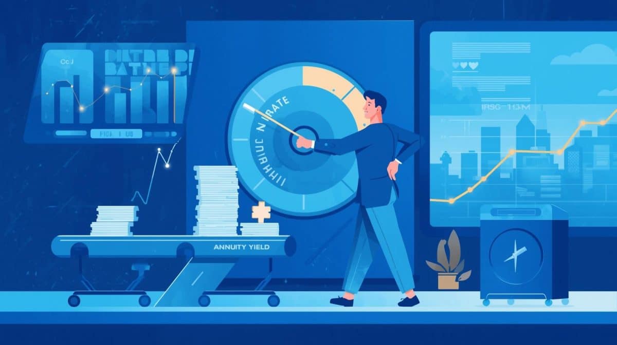 Modern central bank scene with a bank at a wheel adjusting interest rates.