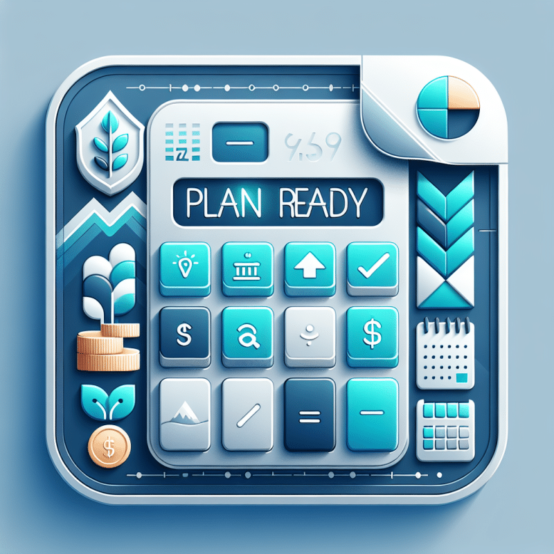 An illustrated calculator in my annuity store brand colors with "plan ready" on the calculator screen.