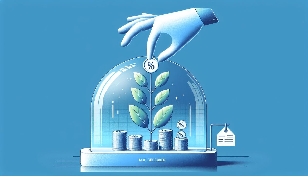 Tax deferral: a coin plant growing under a glass dome labeled with a tiny “tax deferred” tag; taxes appear only when a hand opens the dome to withdraw coins.