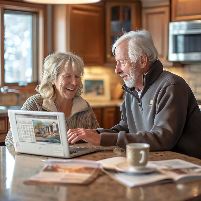 Retired couple discussing financial plans at a kitchen table with a laptop