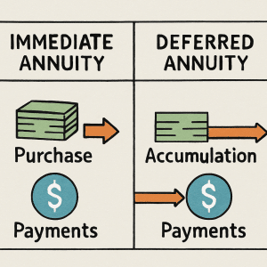 Immediate Annuity Date vs Deferred Annuity Date infographic showing when payments begin for each type of annuity.