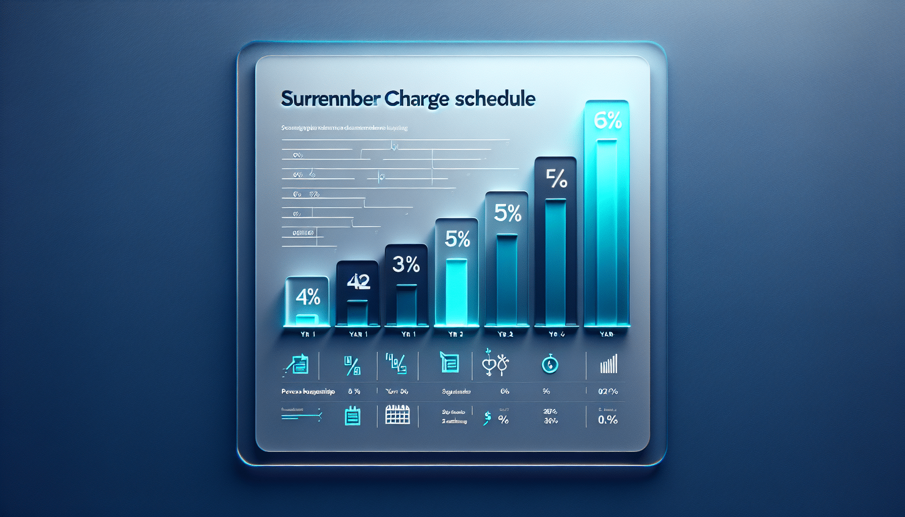 A dashboard card with rounded corners titled “surrender charge schedule” with a simple stepped bar chart showing yearly decline: 6%, 5%, 4%, 3%, 2%, 1%, 0% across 7 ticks (yr 1 to yr 7+).