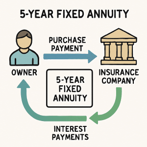5 year fixed annuity illustration showing owner paying money to insurance company who then pays him interest and his investment back at the end.