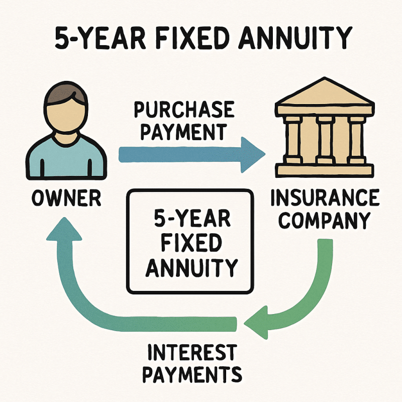 5 year fixed annuity illustration showing owner paying money to insurance company who then pays him interest and his investment back at the end.