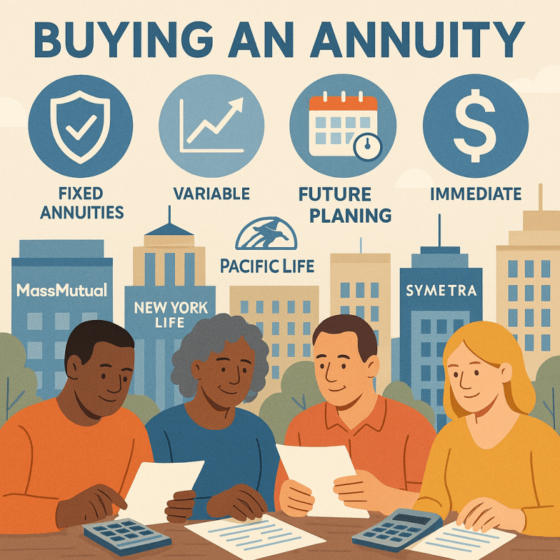 People planning for retirement, reviewing how to buy an annuity guide, with insurance company buildings in the background labeled with top providers (massmutual, new york life, pacific life, nationwide, symetra, corebridge financial)