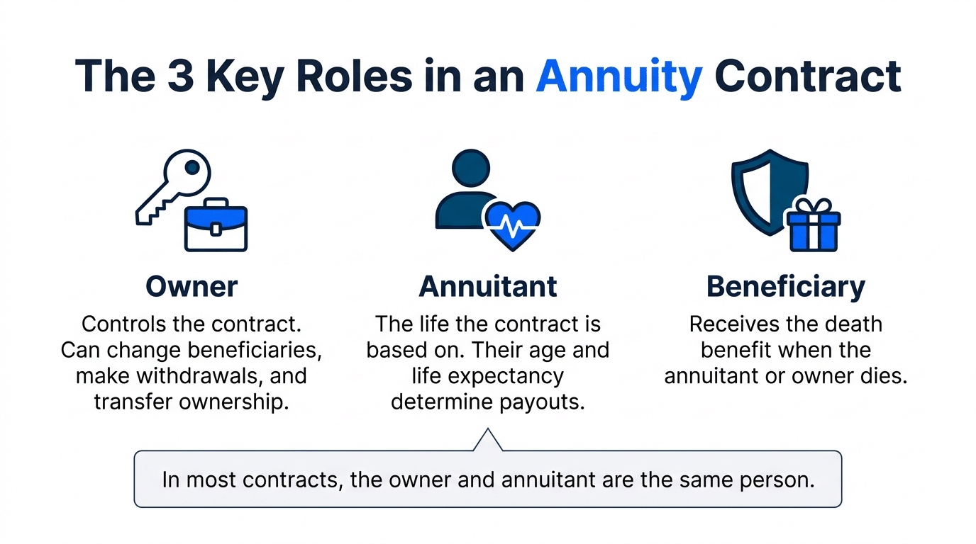 Infographic showing the 3 key roles in an annuity contract: owner, annuitant, and beneficiary