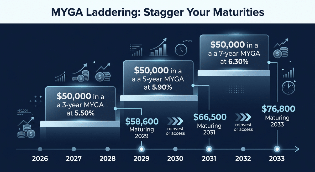 Infographic of a timeline/staircase infographic showing a 0,000 annuity ladder strategy with 3 rungs.