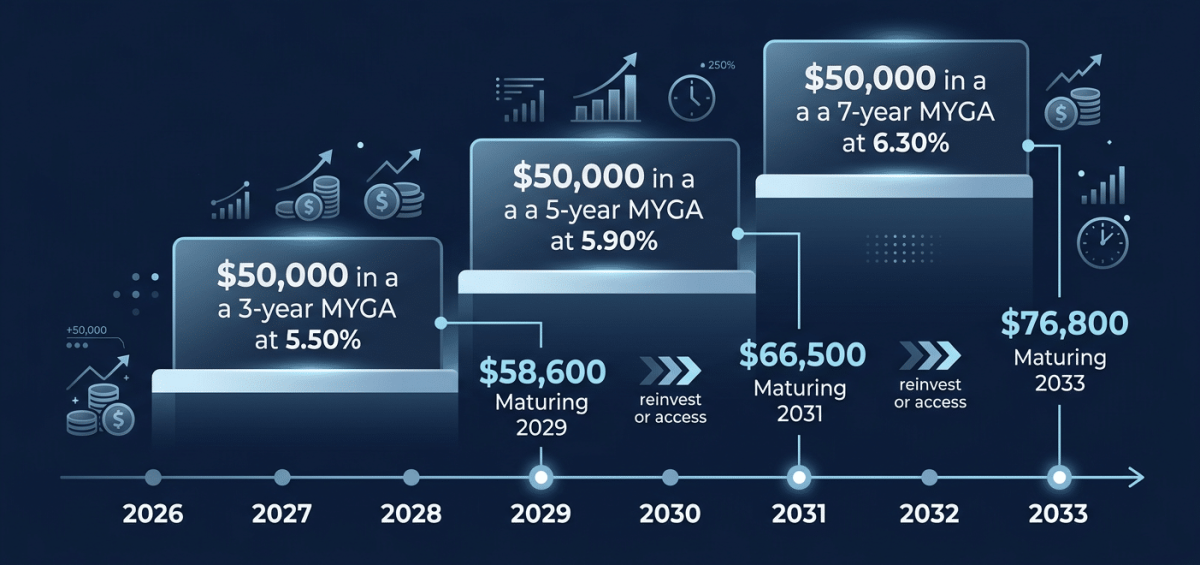 Infographic of a timeline/staircase infographic showing a $150,000 annuity ladder strategy with 3 rungs.