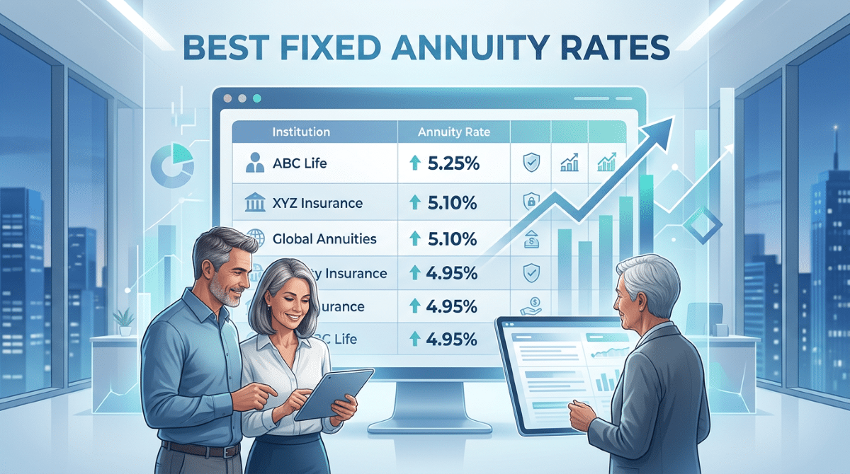 Best fixed annuity rstes wrttten on the top of a wall in background with annuity rates and companies written below it.