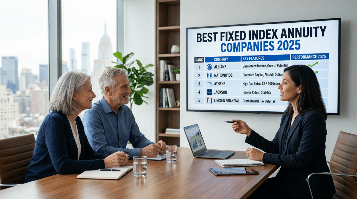 A retired couple sitting at a table while a woman standw at the front of the room pointing towards financial charts.
