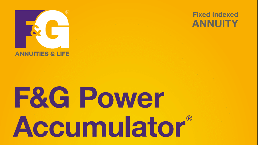 F&g power accumulator brochure with name on a yellow background and fg logo top left.