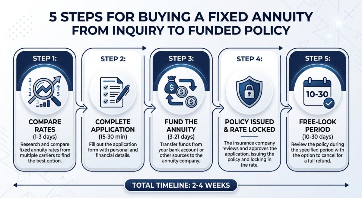 The fixed annuity application process shown visually in 5 steps.