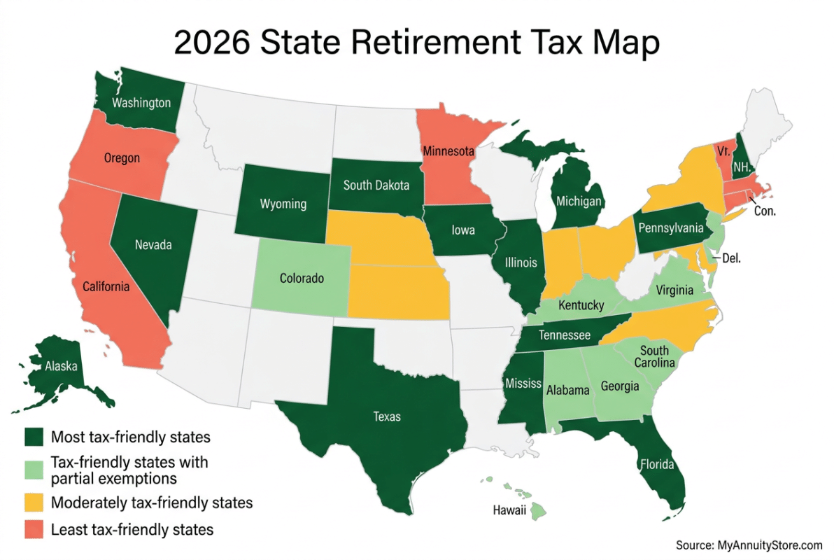 Color coded us map showing states that are tax-friendly to seniors and retirees.