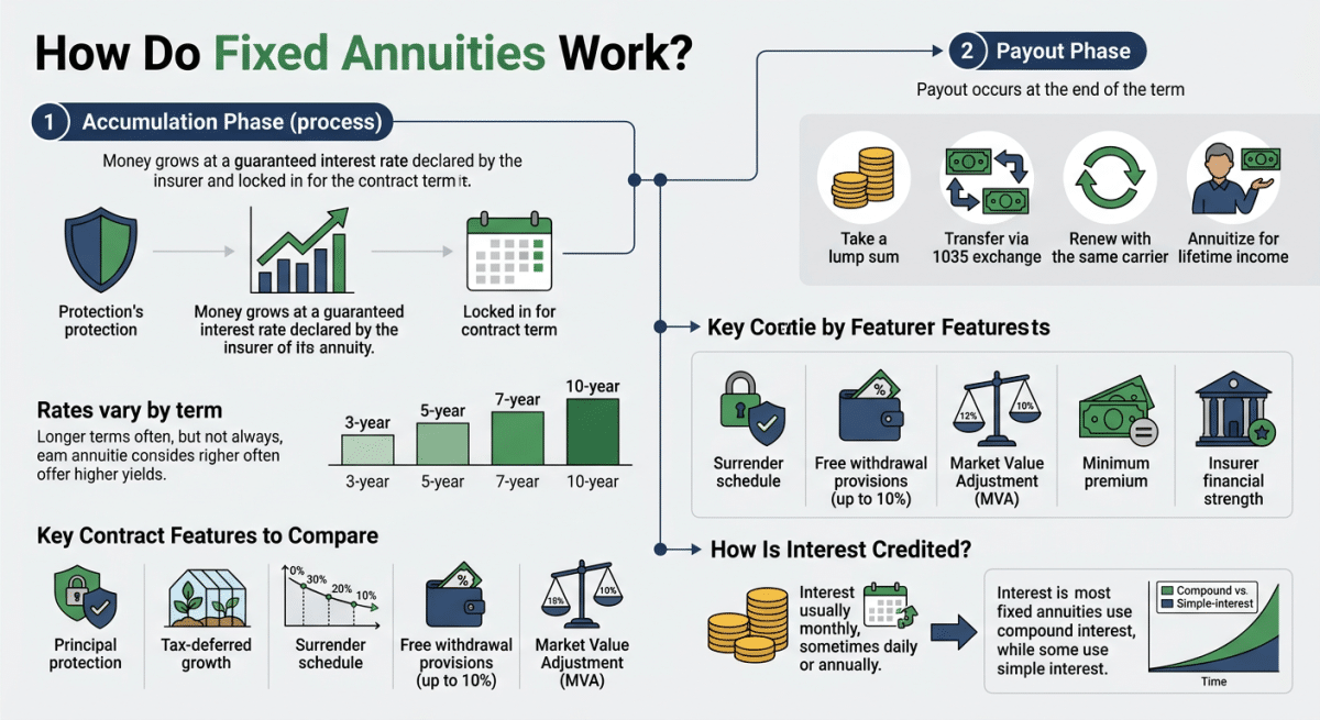 Infographic titled “how do fixed annuities work? ” showing a two-phase timeline: an accumulation phase where money earns a guaranteed interest rate over a fixed term, followed by a payout phase with options to take a lump sum, complete a 1035 exchange, renew the contract, or convert it to lifetime income.
