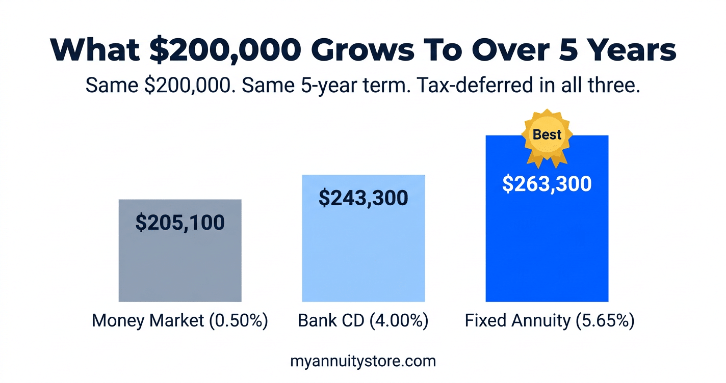 Bar chart comparing 0,000 ira growth over 5 years: money market account reaches 5,100, bank cd reaches 3,300, and a fixed annuity myga reaches 3,300