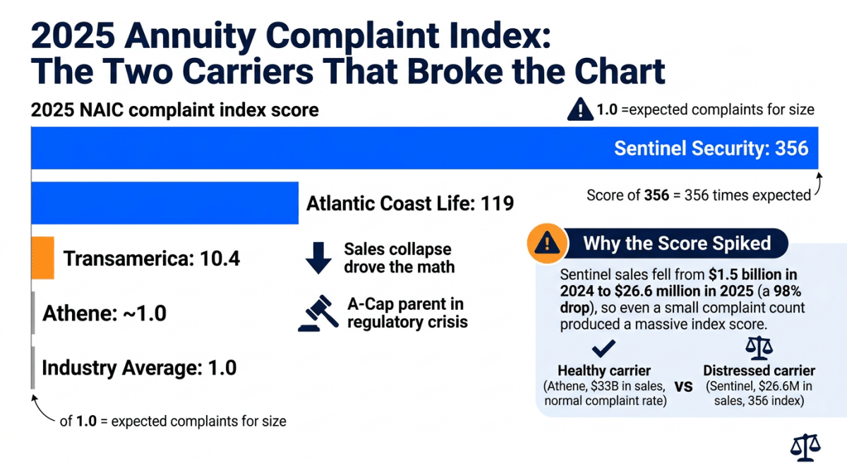 Bar chart showing 2025 naic annuity complaint index scores: sentinel security 356, atlantic coast life 119, transamerica 10. 4, athene and industry average near 1. 0