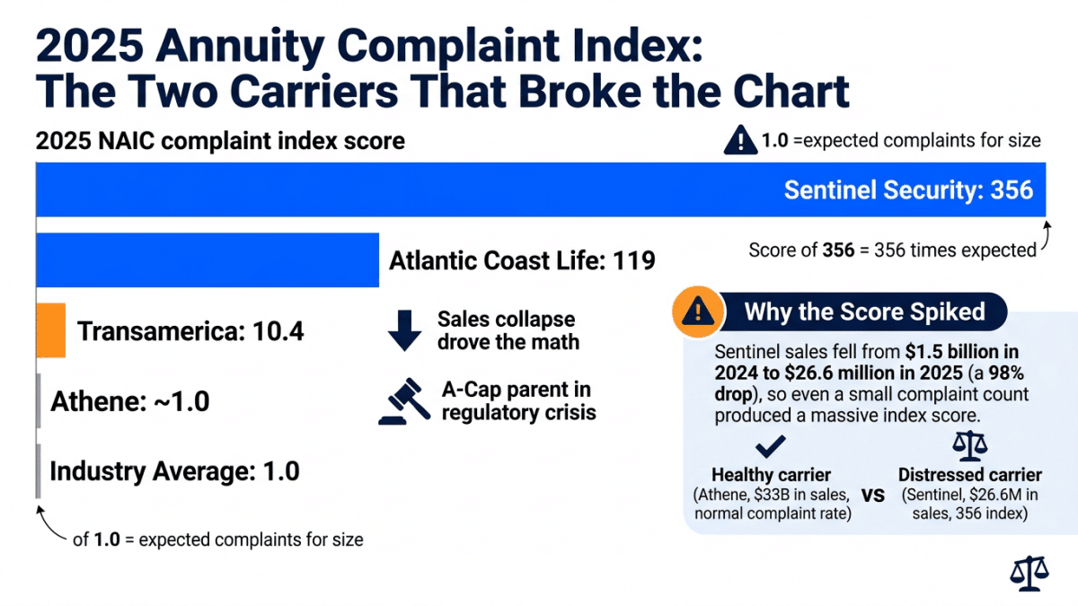 Bar chart showing 2025 naic annuity complaint index scores: sentinel security 356, atlantic coast life 119, transamerica 10. 4, athene and industry average near 1. 0