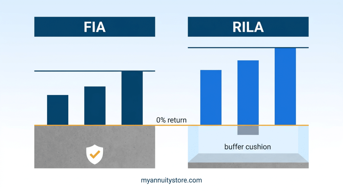 Fia vs rila comparison infographic showing cap rates, downside protection, and risk spectrum differences between fixed index annuities and registered index-linked annuities