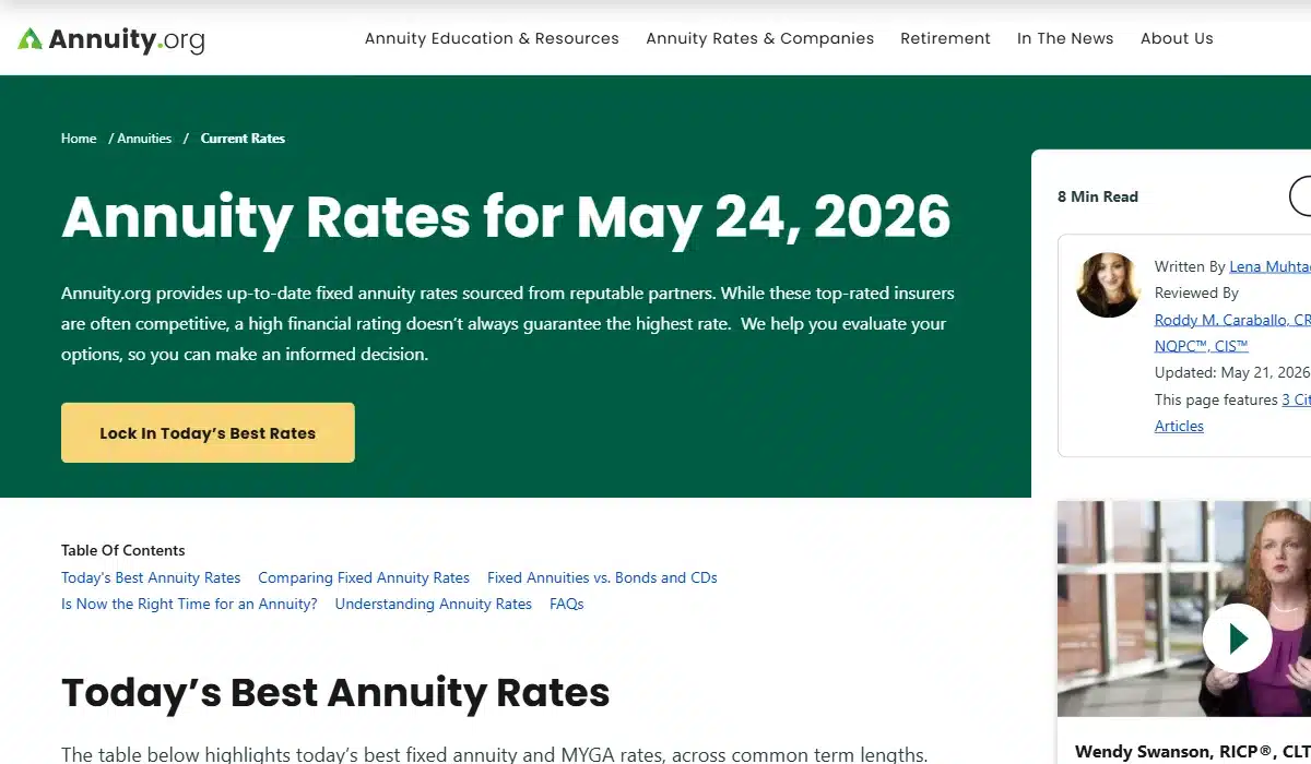 Annuity. Org rates page showing annuity rates for may 24, 2026 hero with lock in today's best rates call to action