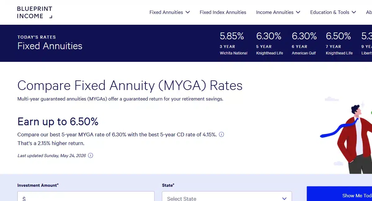 Blueprint income online platform showing fixed annuity rate header with 5. 85% to 6. 50% myga rates by carrier and term