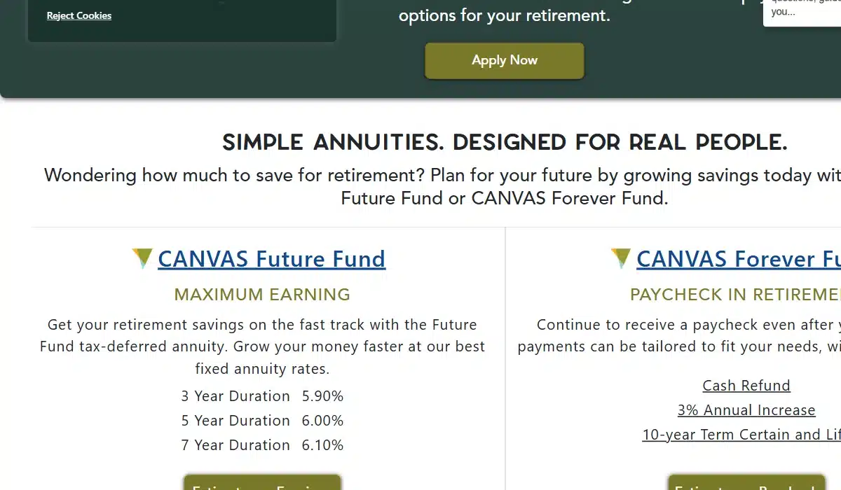 Canvas annuity product cards showing future fund and forever fund with 3, 5, and 7 year rates