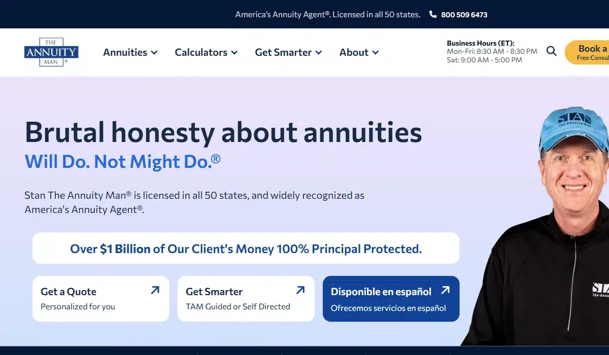 Stan the annuity man homepage showing spia, myga, fia, and dia rate cards and brand positioning